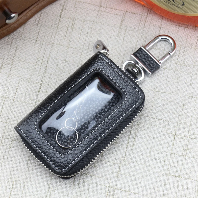 Leather Zipper Square Key Holder Case Chain Women Home Organizer Transparent Window Bag Wallet