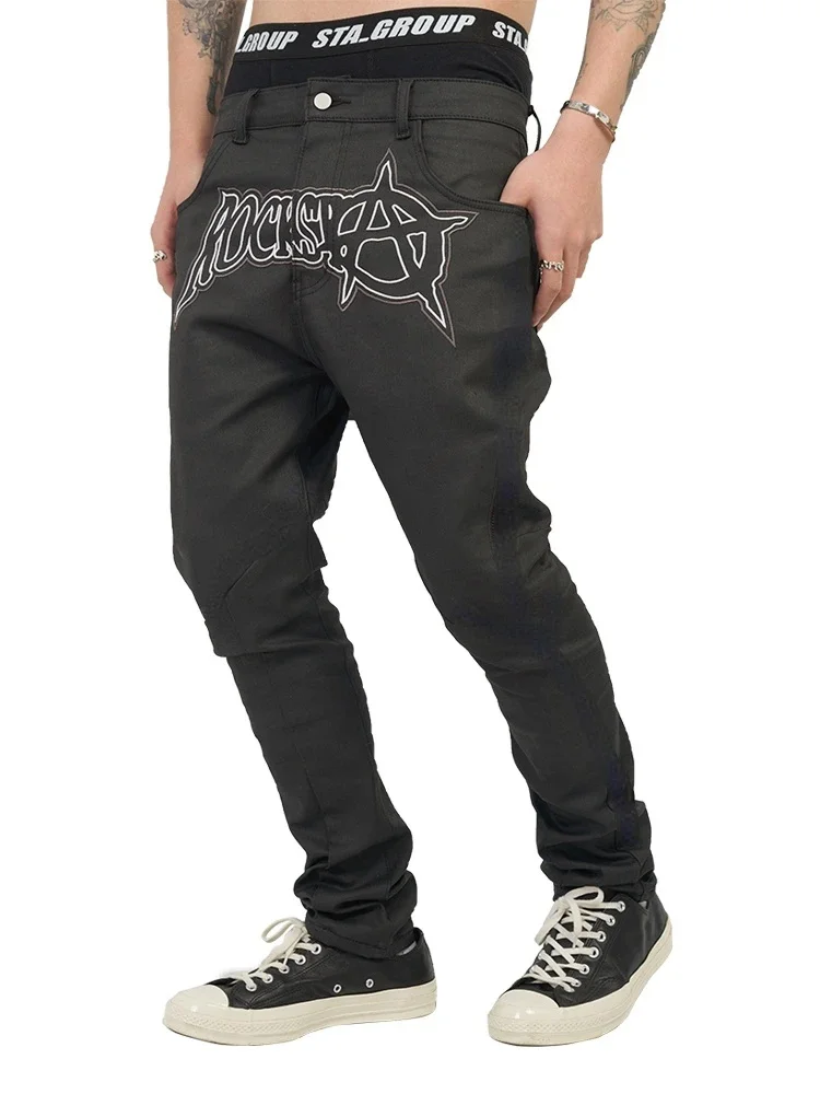 

Black new side pocket casual jeans micro-bomb retro fashion print color contrast stitching hip-hop American trend straight jeans