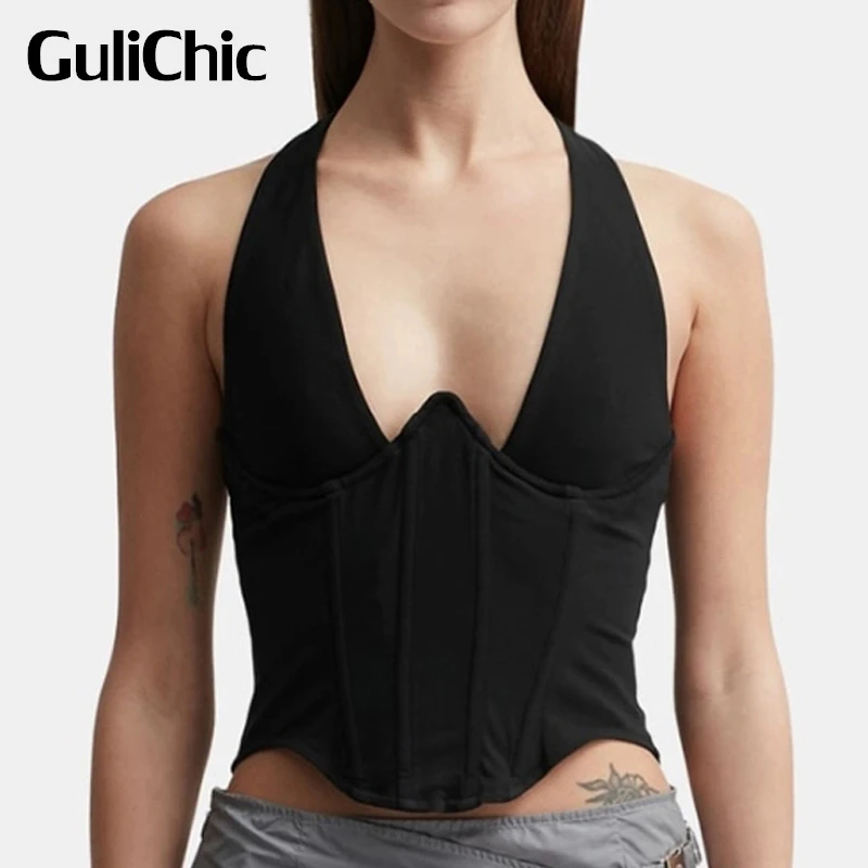 

9.22 GuliChic Women Chic Sexy Backless Zipper Halterneck Collect Waist Slim Short Black Tank Top