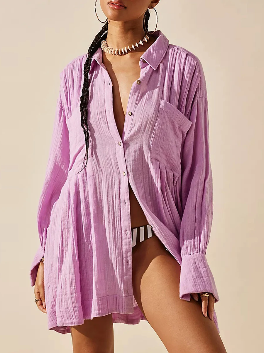 

Women's Spring Autumn Shirt Dress Long Sleeve Solid Color Lapel Button Up Party Dress