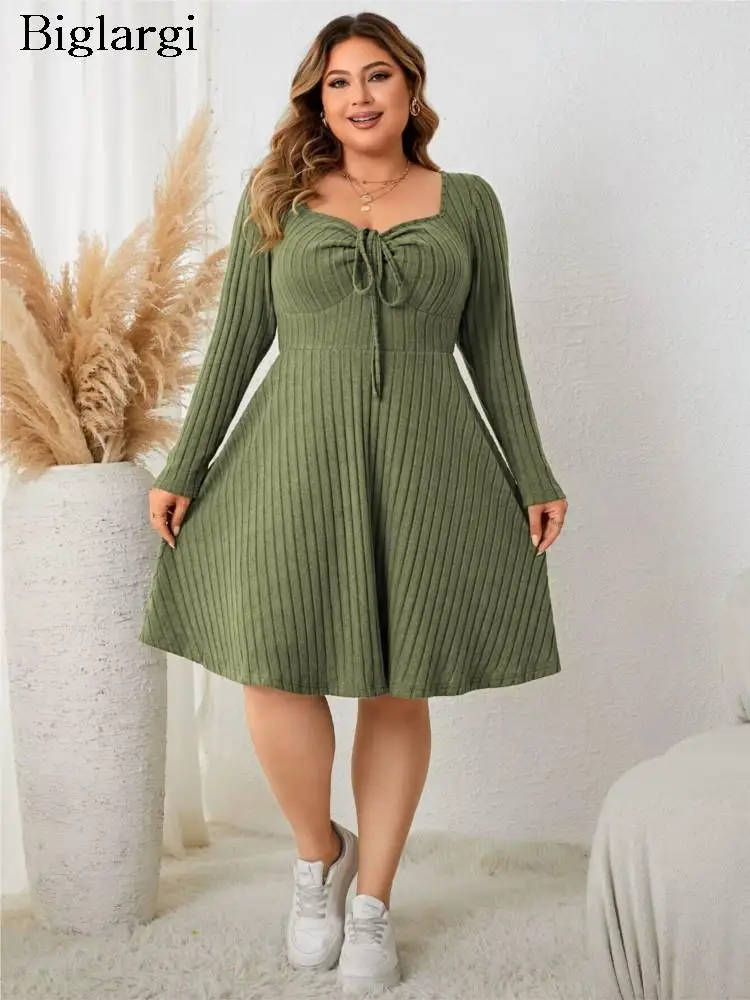 

Plus Size Autumn Square Collar Midi Dress Women Ruffle Pleated Fashion Ladies Dresses Long Sleeve Woman Dress 2023 Vestido Mujer