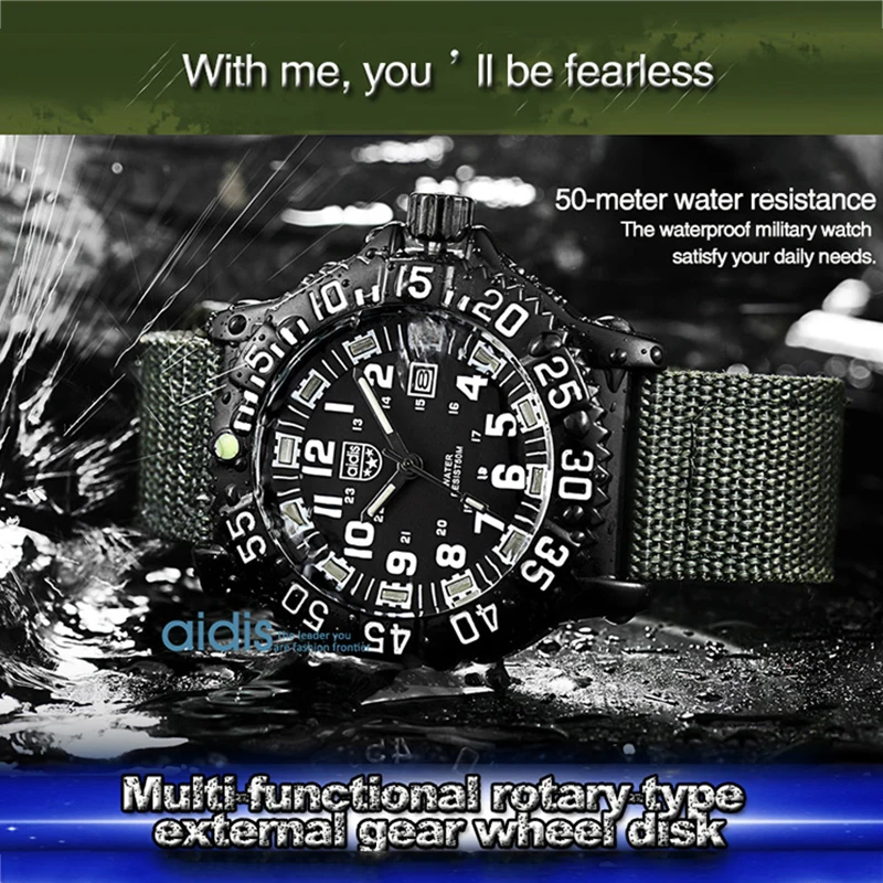 ADDIESDIVE Men's Waterproof Military-Style Sports Watch with Luminous Nylon Strap