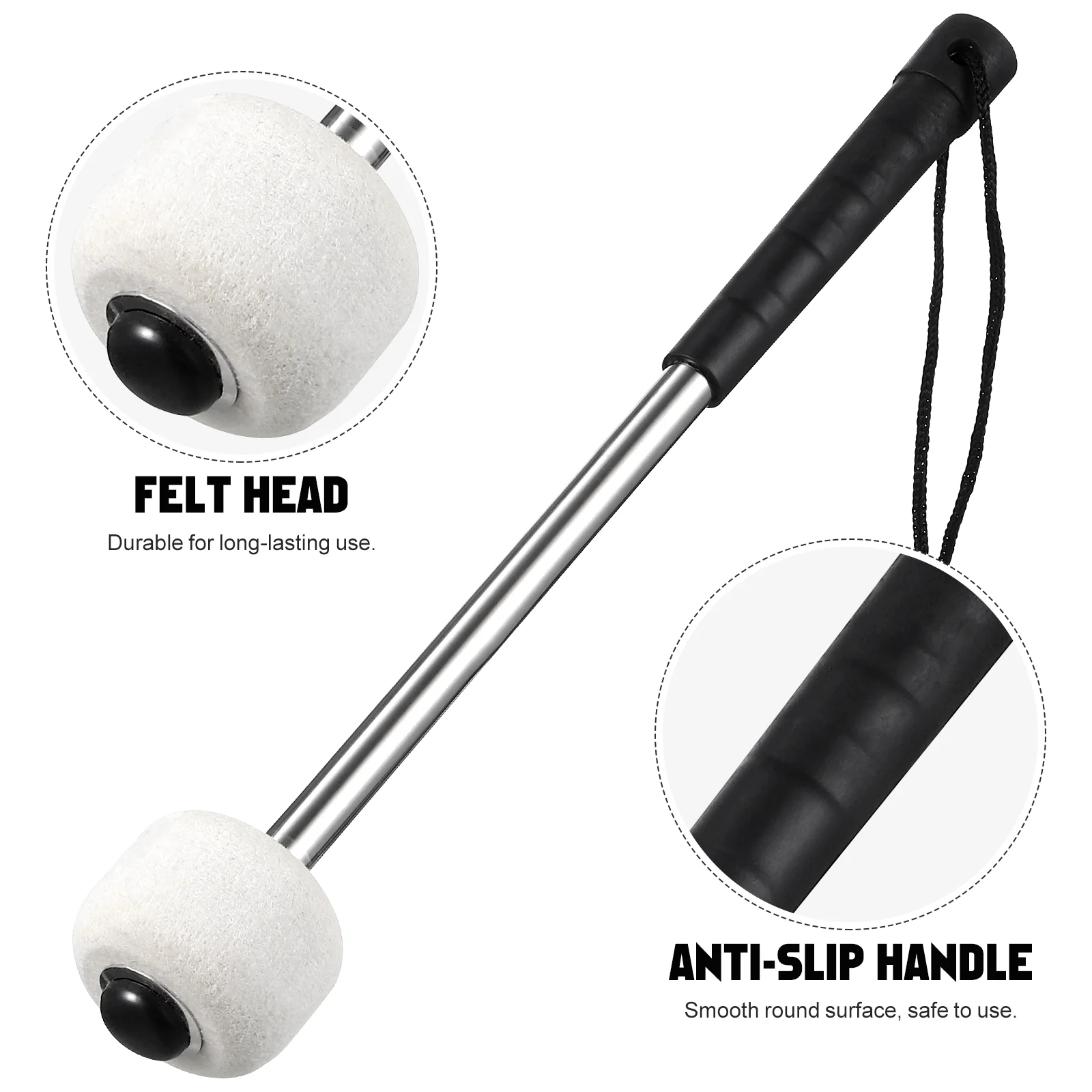 Drum Sticks Portable Stick Stainless Steel Handle Wool Felt Head Drumstick Instrument Accessory for Drum-player Students