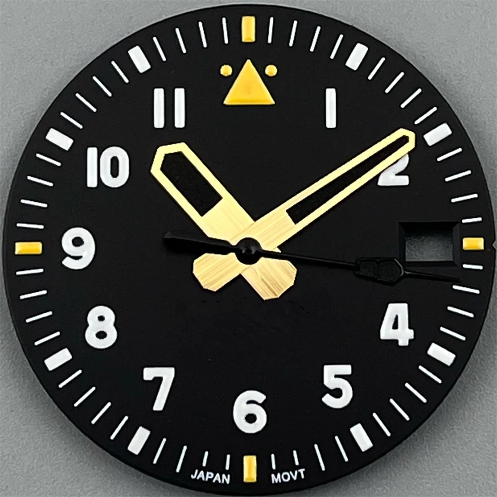 Enhanced Black Pilot Style Watch Dial and Luminous Hand Set - C3 Green Glow