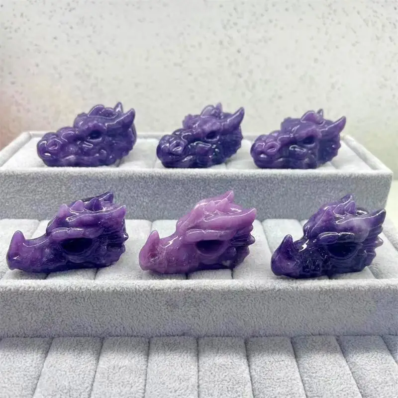 

Natural Lepidolite Crystal Handmade Carved Dragon Head Skull Polished Powerful Animal Statue for Home Decoration Gift 1pcs