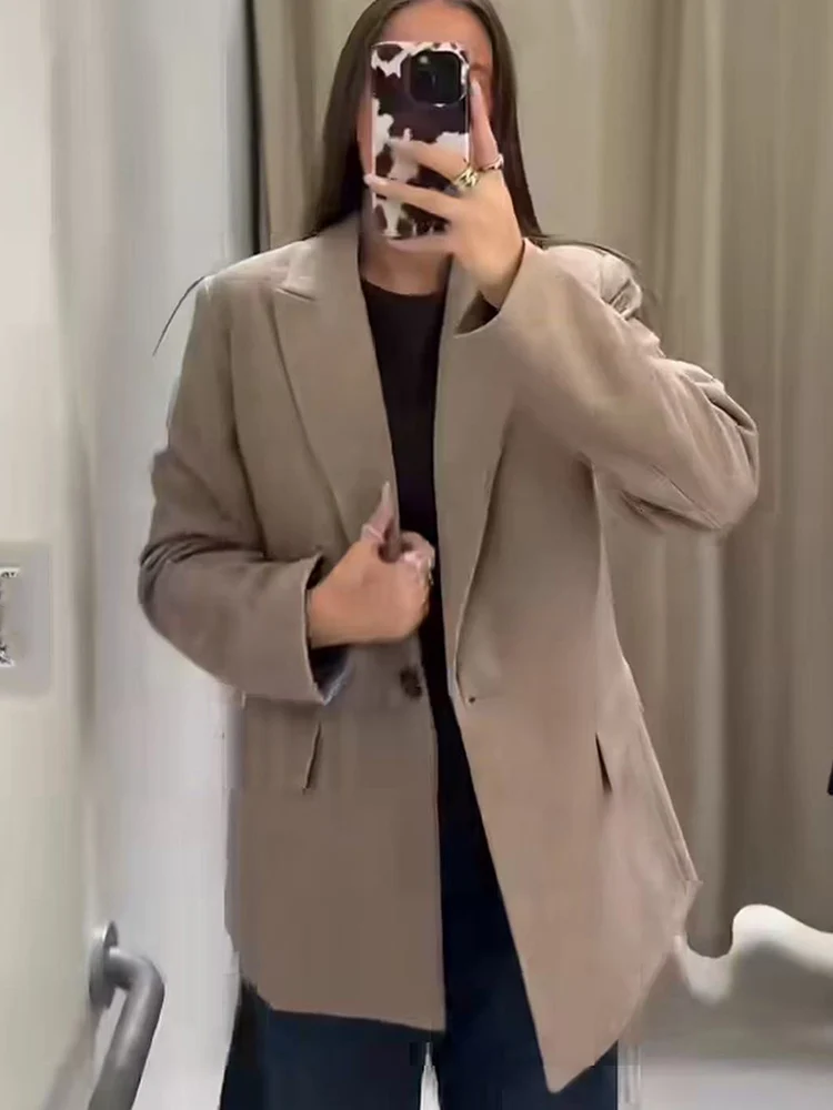 Autumn Women Wool Blend Coat Solid Color Fashion Pocket Blazer Elegant Women's Slim Fit Single Button Office Lady Suit Tops