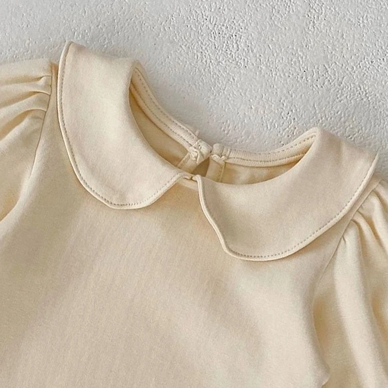 Autumn New Baby Clothing for Girls Fashion Versatile Doll Neck Bubble Long sleeved Sweetheart Solid Color Crawling jumpsuit 4