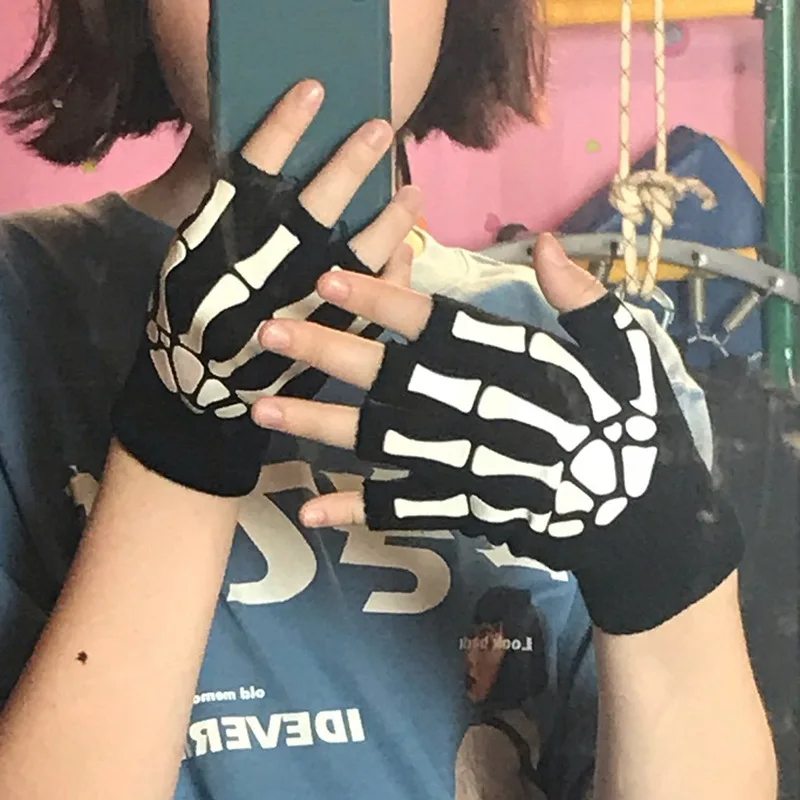 Glow in the Dark Skeleton Skull Fingerless Gloves - Unisex Halloween Mittens