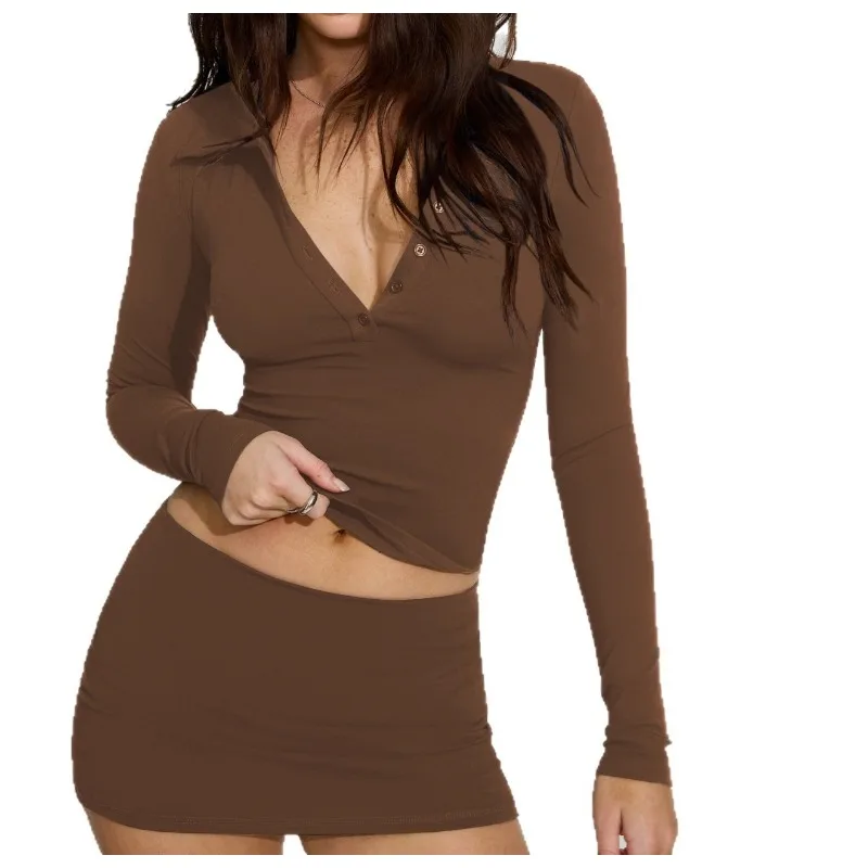 T-shirt con spalla frontale abbottonata con collo POLO Camicia con fondo tinta unita Top aderente e sottile - immagine 5