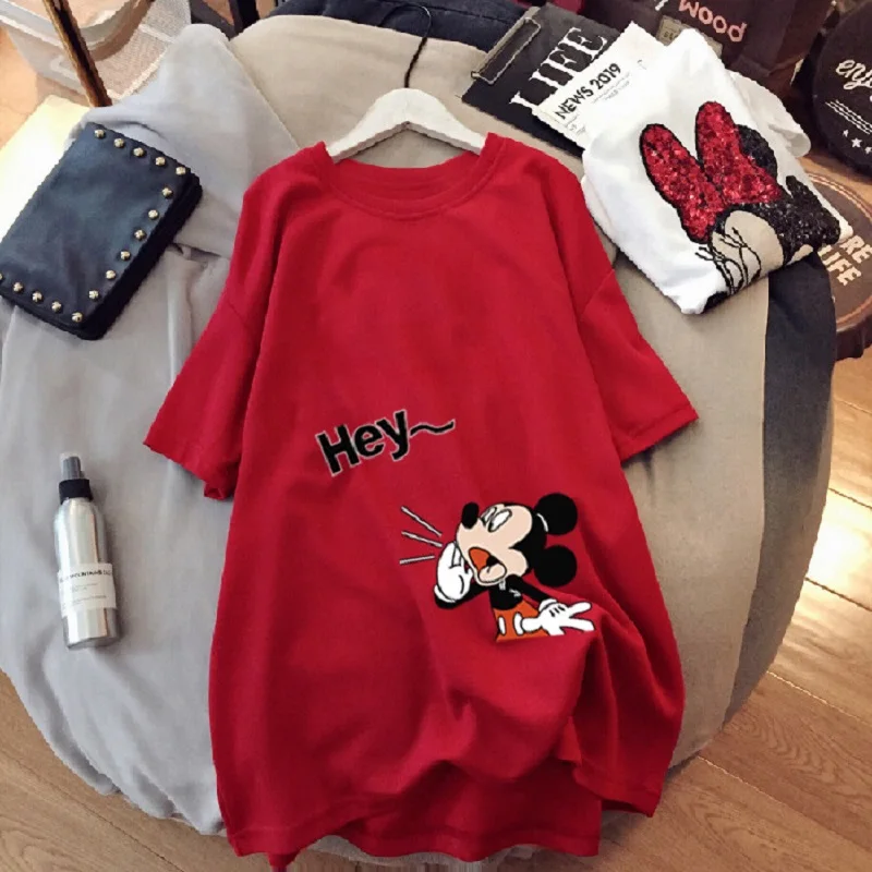 Large Size Mickey Mouse T-shirt Girl Trend Mid-Length Loose Casual Short-Sleeved Cartoon Mickey Print T-shirt Round Neck Top 3