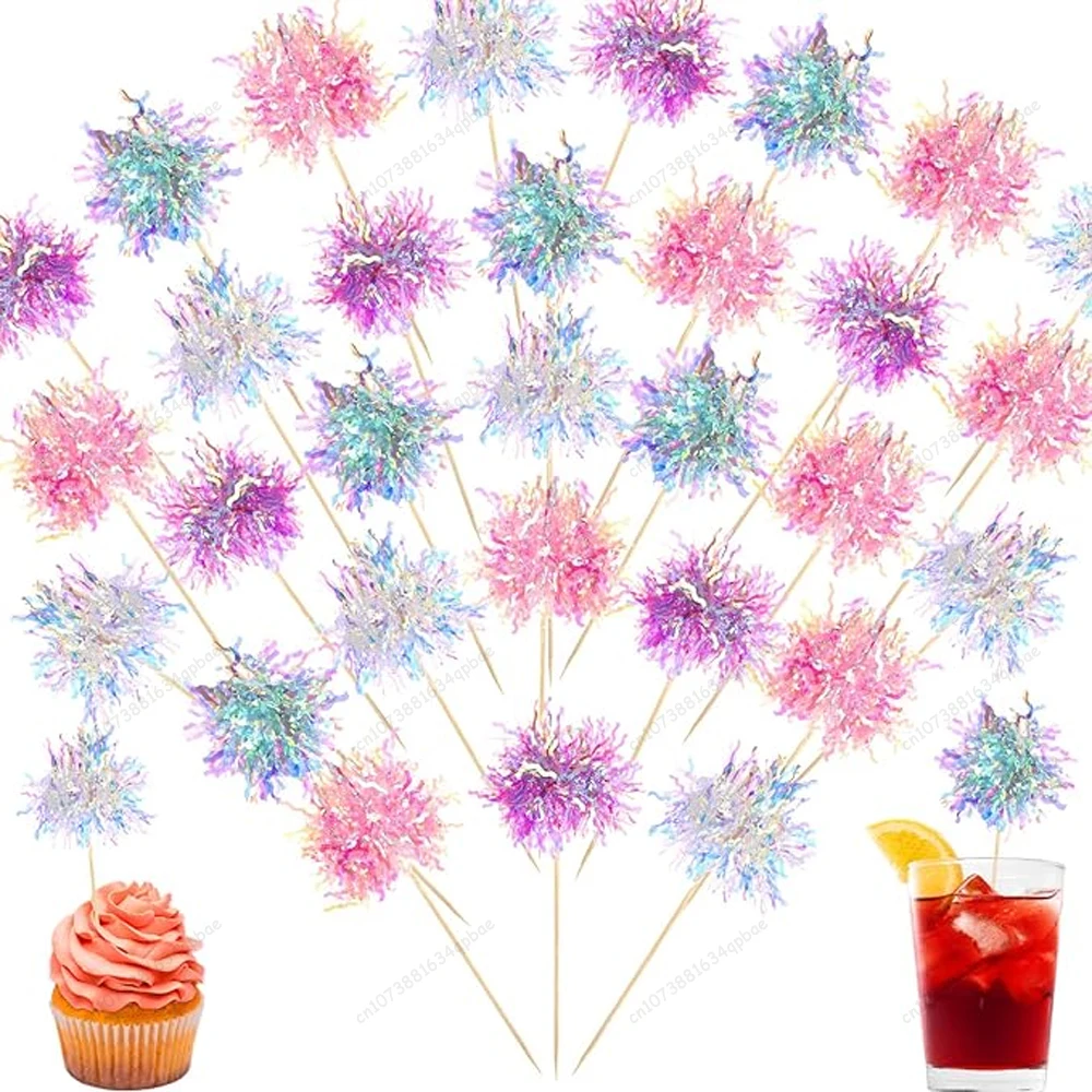 

10Pcs Sparkle Tinsel Cake Decoration Firework Cupcake Topper Cocktail Drink Stirrers Fruit Toothpick Cake Decoration