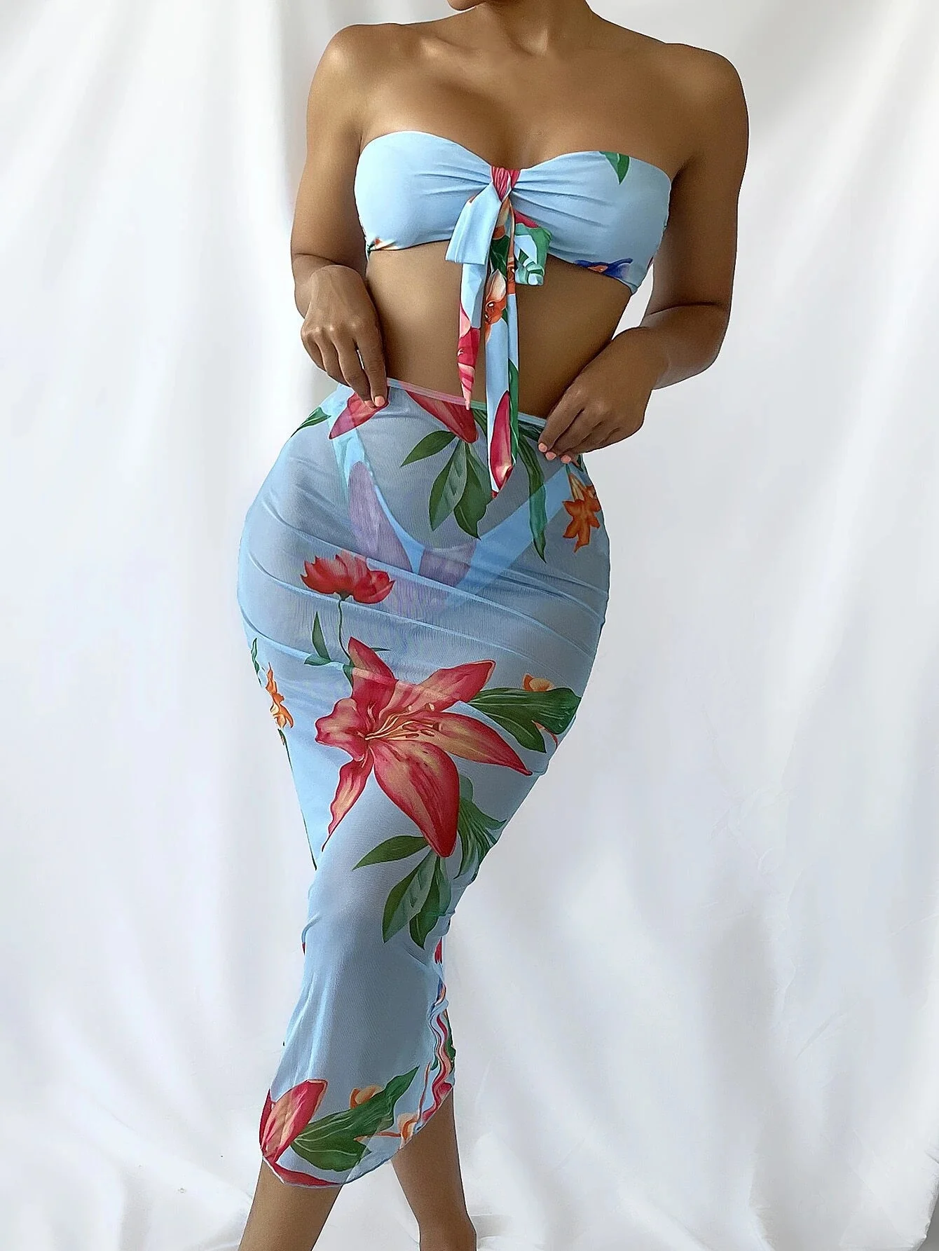 

3pack Floral Print Bandeau Bikini Swimsuit & Beach Skirt Women Swimwear Three Pieces Bikini Set Summer Beach Bathing Suit