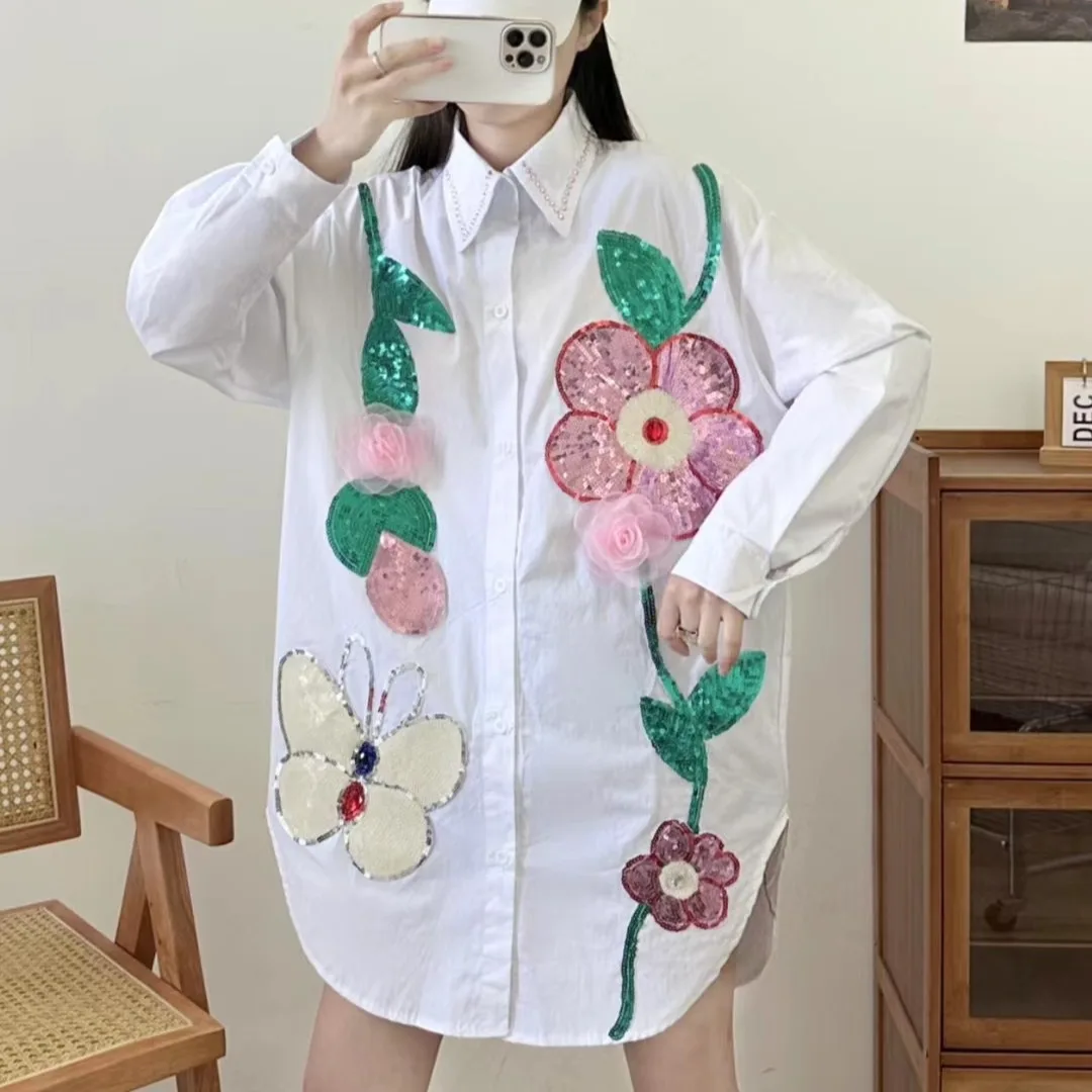 Embroidered Cotton Blend T Shirt Round Neck Bohemian Pink Floral For Women Spring