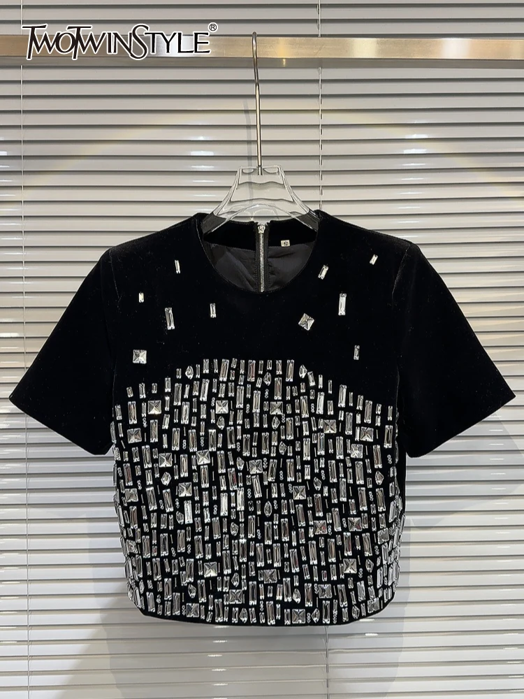 

TWOTWINSTYLE Patchwork Diamonds T Shirt For Women Round Neck Short Sleeve Spliced Zipper Casual T Shirts Female Fashion Clothes