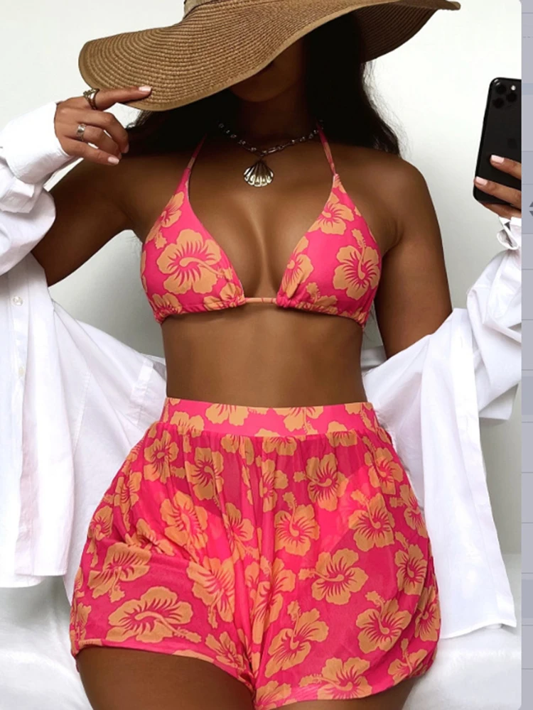 FASKOB Three Piece Beach Dress Bikini Mesh Tie Dye Swimwear 2022 Summer Women Swimsuit Floral Bathing Suit Vintage