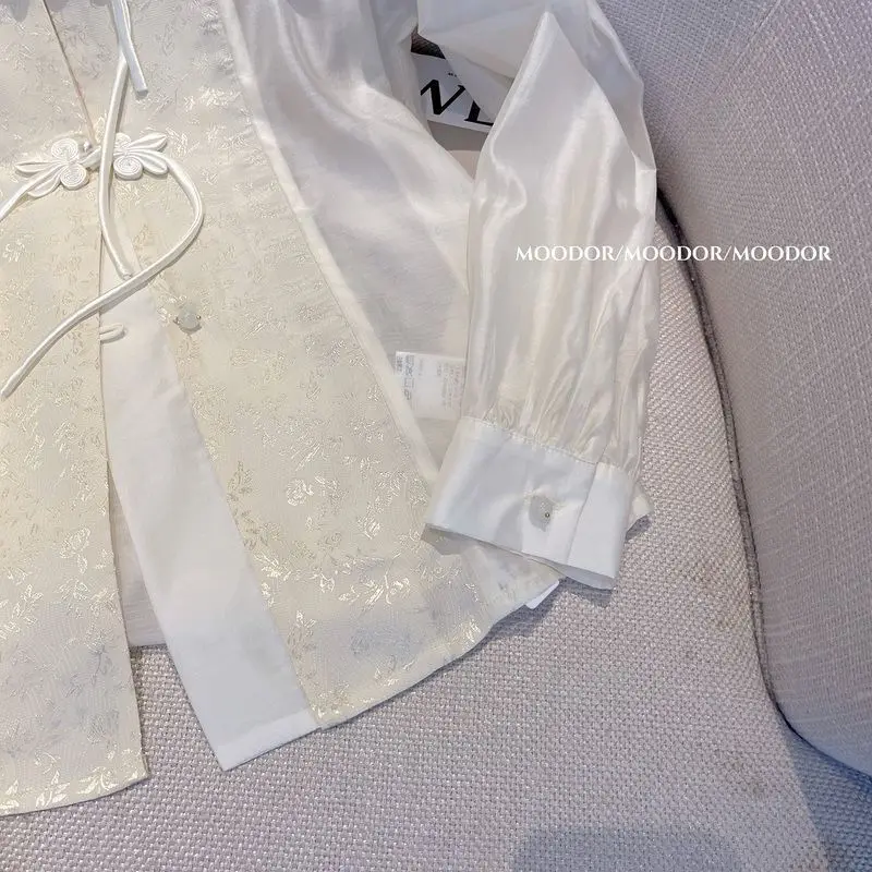 Jacquard Long Sleeve White Shirt Top Women's Spring Autumn Improved New Traditional Chinese Style Blouse Temperament Shirts