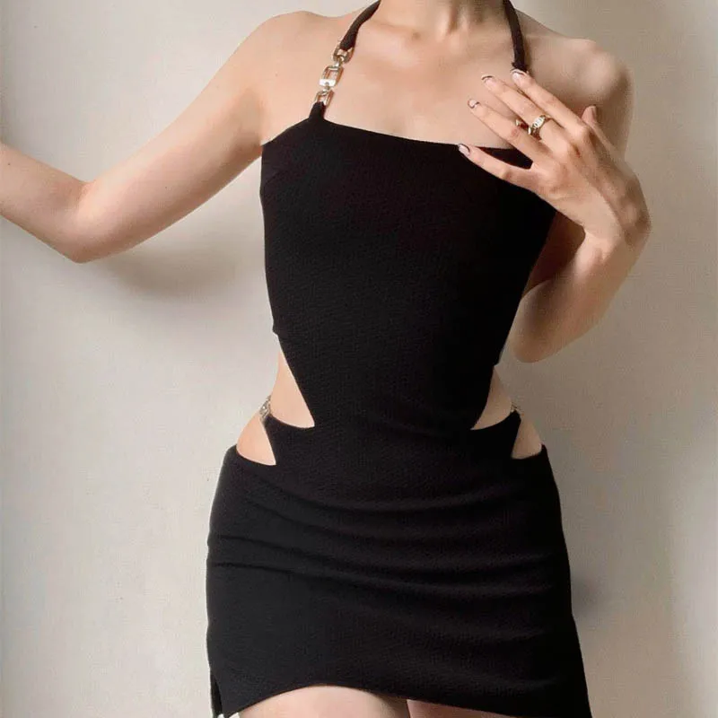 

Women Sexy Bodycon Dress Solid Cutout High Waist Sleeveless Sling Skinny Dress Summer Cross Tie-Up Backless Mini Dress vestidos