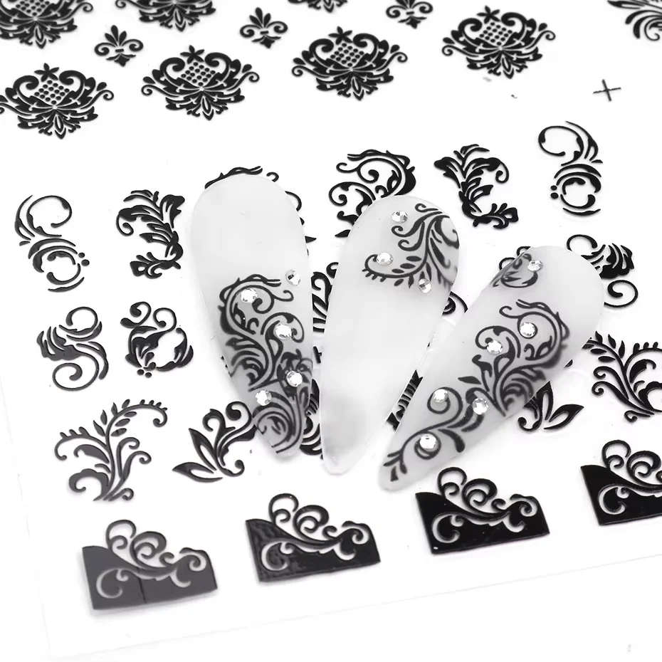 1PCS Black White Nail Stickers Flower Leaf Necklace 3D Sliders Decal Gel Polish Sticker DIY Design Manicure Tips HBJY373-384 2