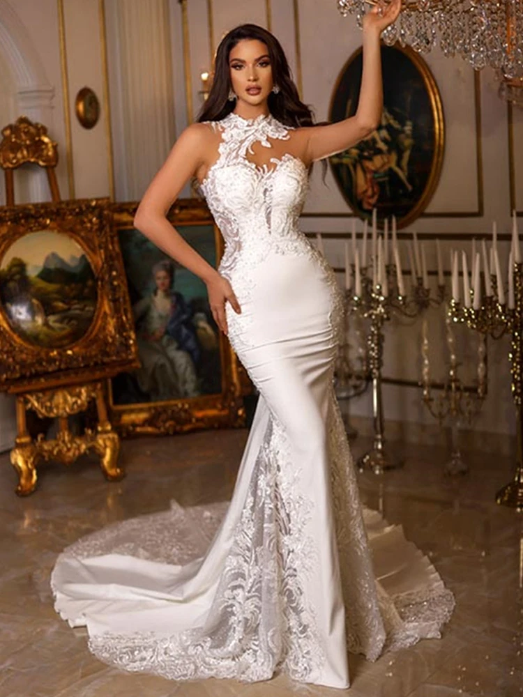 Sexy Lace Applique Mermaid Wedding Dresses High Neck Backless Bridal Gowns  | eBay
