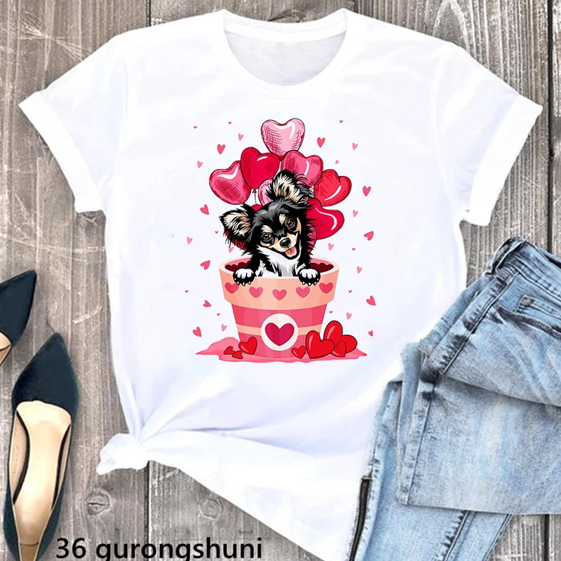 

Valentines Day Pot Dachshund/Corgi Print T Shirt Women'S Clothing Funny Dog Lover Tshirt Girls Harajuku Shirt Summer Tops Tee