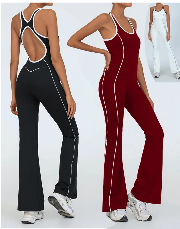 Seamless Knitted Sports Fitness Yoga jumpsuit Open Back Color Matching Bodysuit Naked Feel Workout Gym Wide Leg Flared Pants Set yoga set,sports set,gym workout set,sportswear set,fitness set,sports bra set,yoga pants set,fitness jumpsuit,fitness one piece wear
