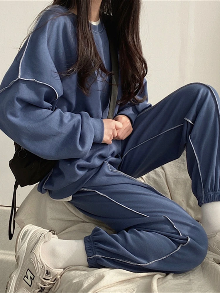 

Осенний женский хлопковый костюм из свитшота, комплекты оверсайз, Женский Свободный свитшот + длинные брюки, комплекты брюк