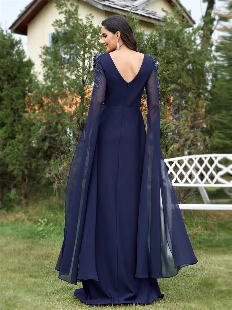 Lucyinlove Luxury Chiffon Long Sleeves Navy Evening Dress Long 2024 Elegant Dress Wedding Party Prom Arabia Cocktail Dress Gown
