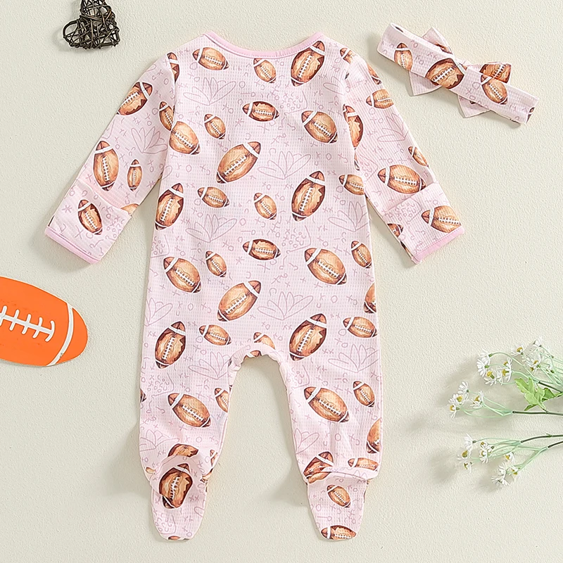 Baby Girl Bodysuits Football Print Ruffled Zip Up Footie Long Sleeve Fall Romper Headband Outfits