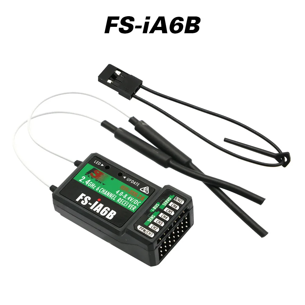 Récepteur Flysky 2.4G FS-iA10B, vue rapprochée des ports et de l'étiquette.