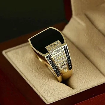 Anello Classico da Uomo, Moda in Metallo Color Oro con Pietra Nera Incastonata, Zircone, Anelli Punk per Uomo, Gioielli di Lusso per Fidanzamento e Matrimonio