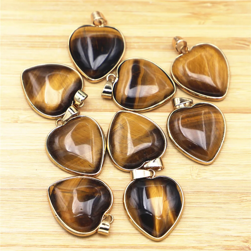 Good Quality Natural Tiger Eye Stone Gold Plate Side Heart Pendants 25mm for Men Jewelry Making Wholesale 12pcs Free Shipping