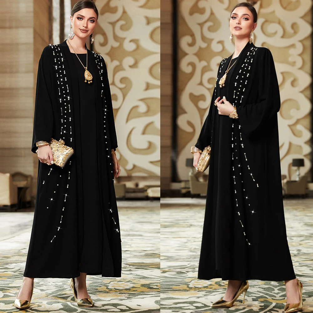 

Ramadan Muslim Islamic Women Diamonds Abaya Black Open Kimono Dress Arab Long Robe Outfits Dubai Gown Tunic Cardigan Dress S-2XL