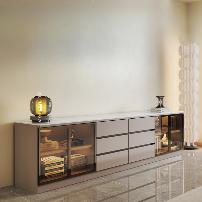 

Cream wind slate TV cabinet modern simple high floor size small apartment warm white living room household floor solid wood