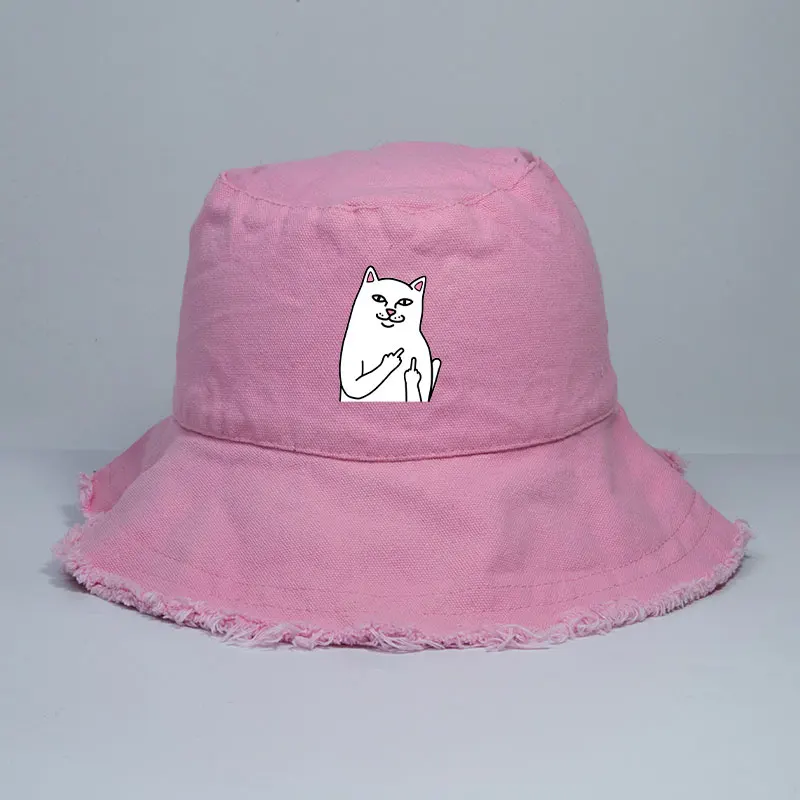 

Frayed Edges Funny Cat Print Bucket Hat Woman Korean Street Style Sun Hat Girl Outdoor UV-resistant Hat Casual Summer Panama Hat