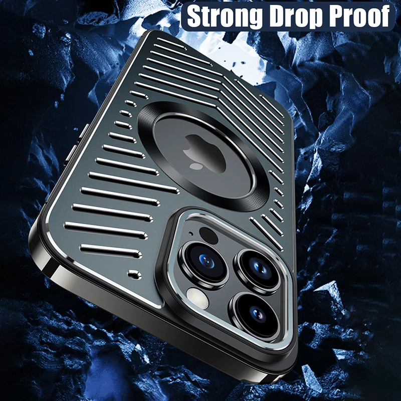 Cooling Armor Stainless Steel Frame Aluminum Metal Back Case For iPhone 12 13 14 Pro Max Magnetic Wireless Charging Cover