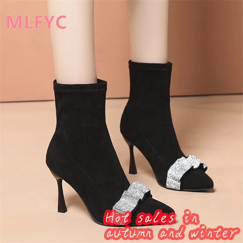 2023 New Rhinestone Pointed High Heel Short Boots Women's Autumn and Winter Single Boots Slim Boots French Women's Boots