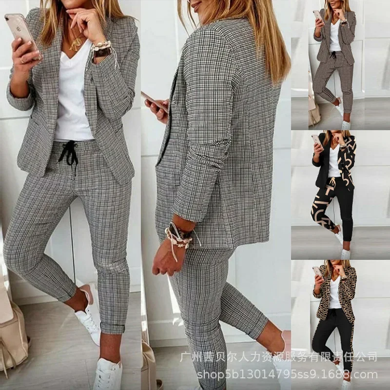 Women Business Suit Women Long Sleeve Cardigan Turn-down Collar Coat Lace-up Mid Waist Pencil Pants Suit Women Plaid Print Suit