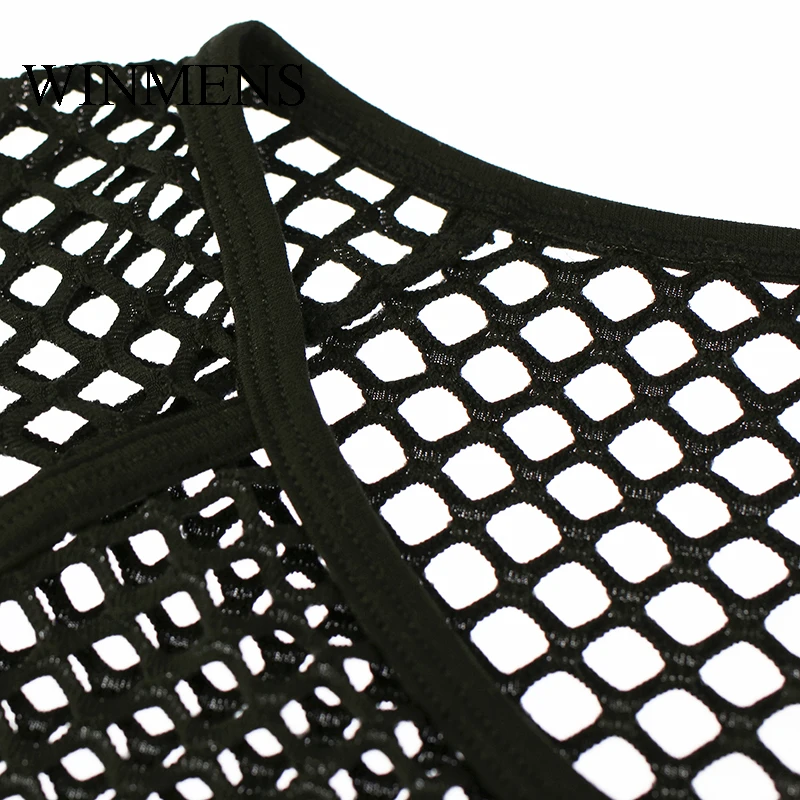 Men's See Through Large-mesh Undershirts Solid Cut-outs Super Stretch Short Sleeves Tops Gay Sissy Sexy Fishnet Base Shirts