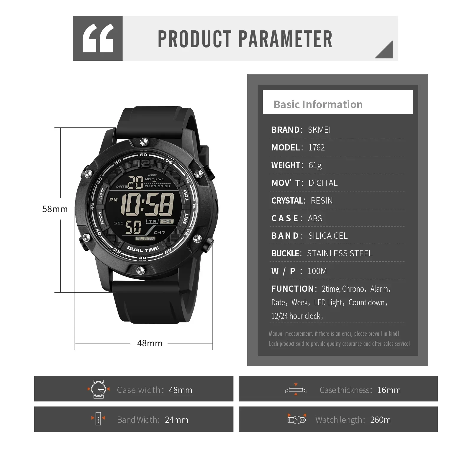 SKMEI 1762 Clock relogio masculino 10Bar Waterproof Swimming Sport Watches Mens Digital Movement LED Light Countdown Wristwatch 6
