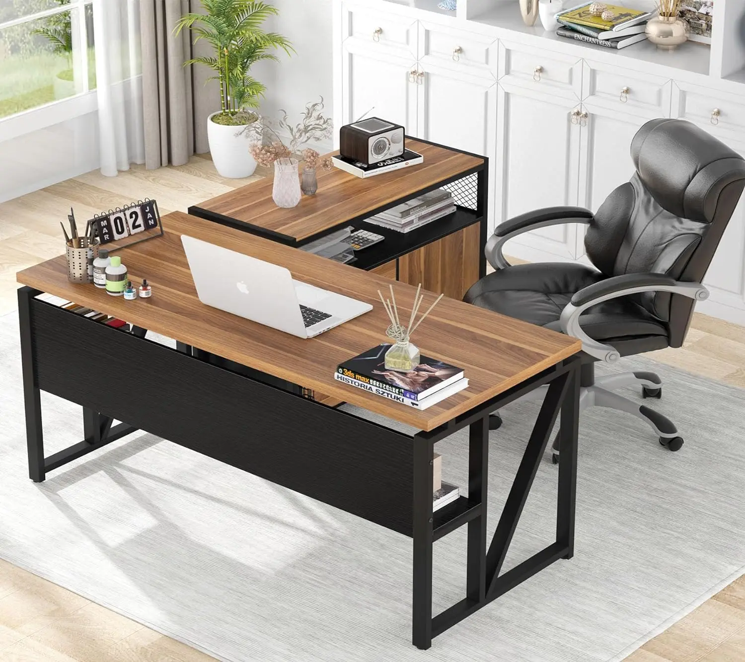 

55-inch L Shaped Desk with Drawer Cabinet, Executive Computer Desk and lateral File Cabinet