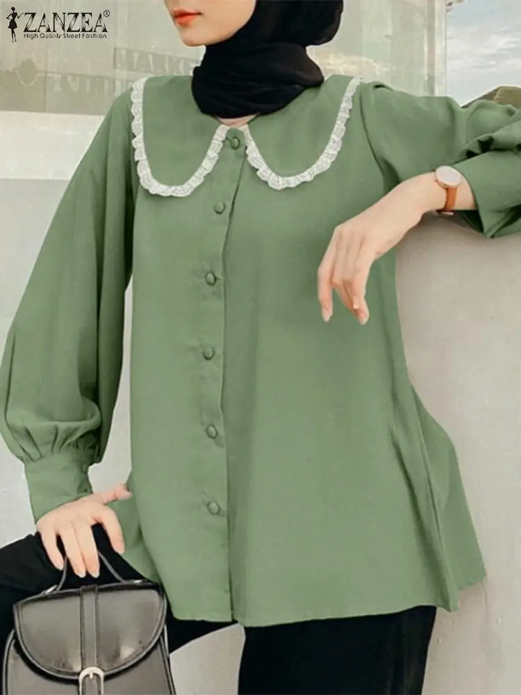 

2023 ZANZEA Women Fashion Long Sleeve Work Shirt Casual Solid Islamic Clothing Muslim Ramadan Tops Elegant Lace Patchwork Blouse