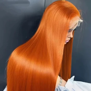 26 Inch Straight Orange Ginger Lace Front Wigs Human Hair 350 Colored Brazilian 13X4 HD Transparent Lace Frontal Wigs For Women 1