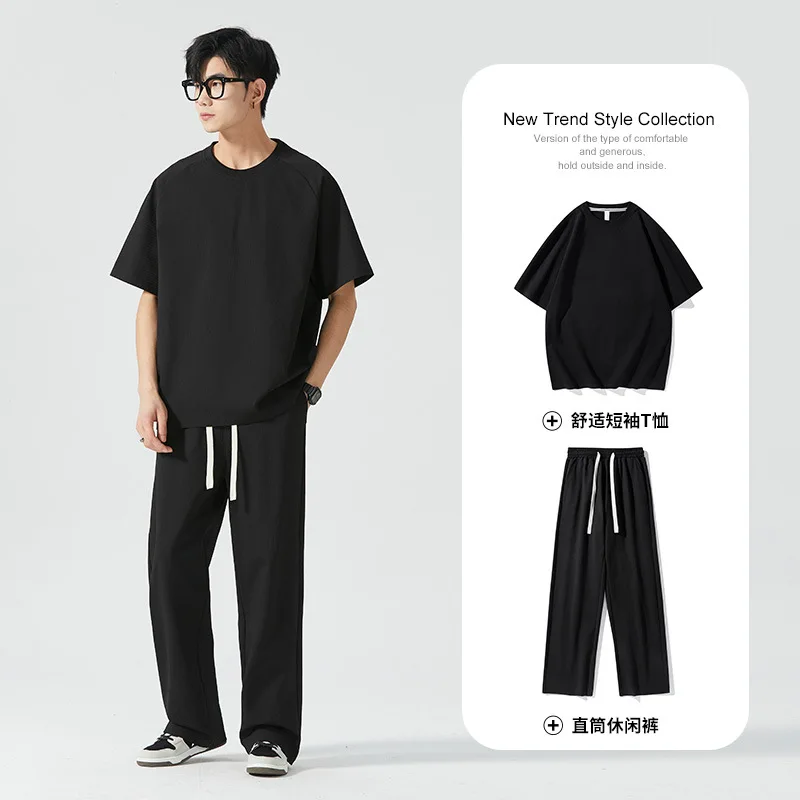 남성용 얇은 애슬레저 심플 세트, 루즈한 반팔 스트레이트 스웻팬츠, 학생 단색 투피스 세트, 2024 여름