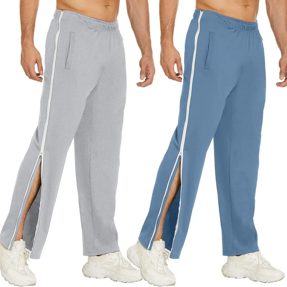 Description Picture 5 of itemMen Sweatpants Elastic Waistband Pockets Splicing Color Mid-Rise Long Trousers Wide Leg Side Zipper Tear Away Basketball Pants