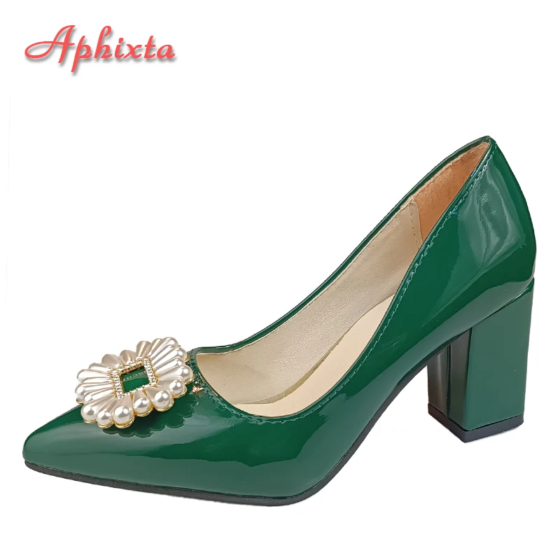 Aphixta 2025 Luxury Pearl Crystals Buckle Baby Pink Pumps Women Shoes Chunky Heel Parent-child Students Big Size 35-53
