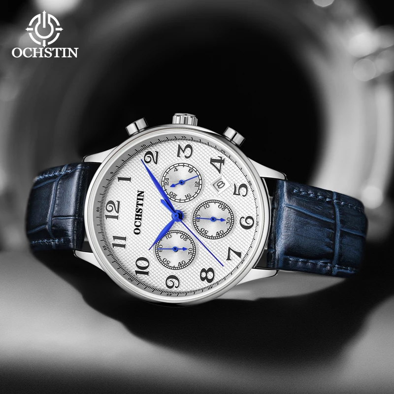 OCHSTIN Chronograph Watch Men Analog Quartz Sports Male Clock Luxury Design Mater Collection Stop Watch Auto Date Leather Strap