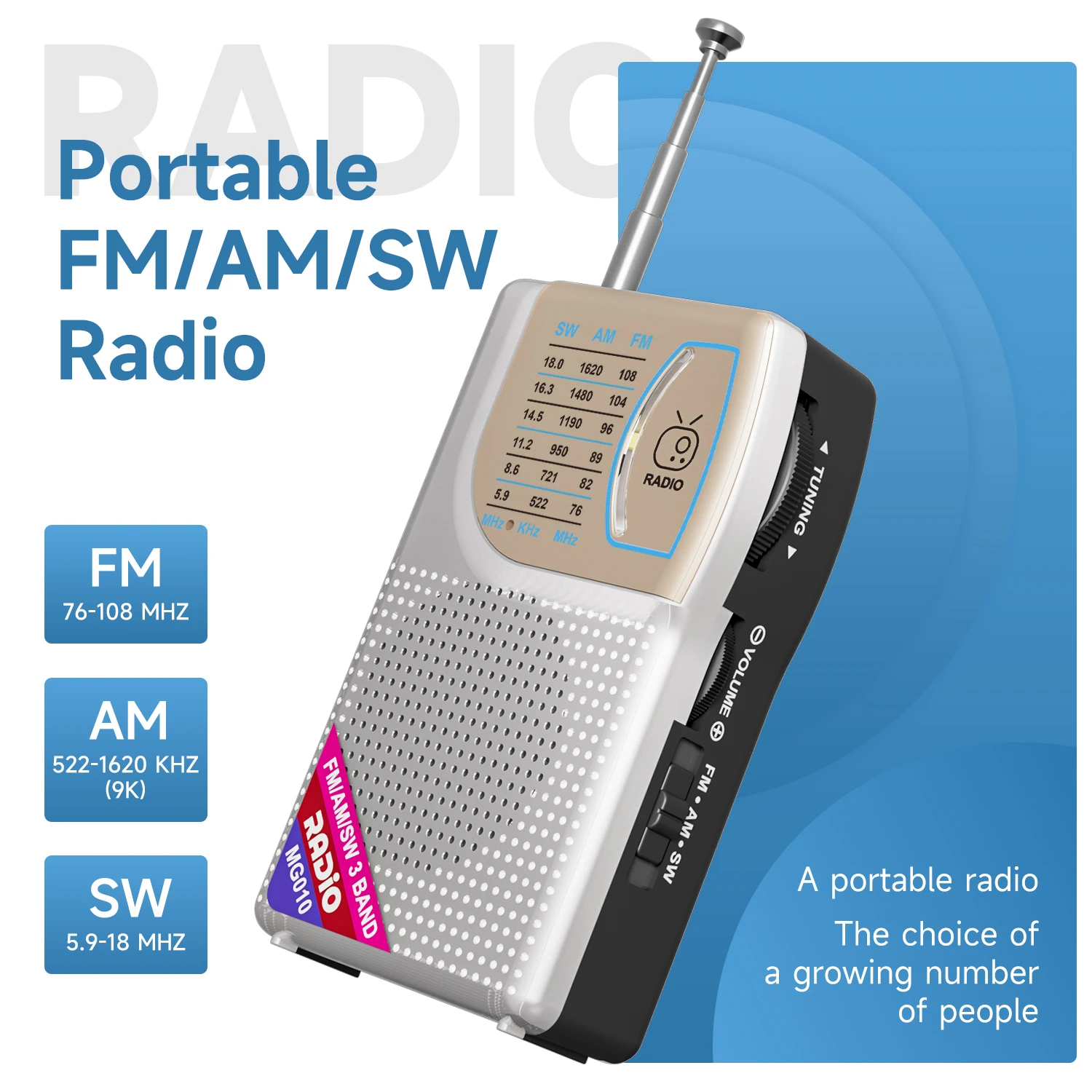 휴대용 AM/FM/SW 라디오 (대형 스피커 및 다양한 입력 지원 - TF 카드/USB/AUX) 컴팩트한 디자인, 뛰어난 음질. (실버)