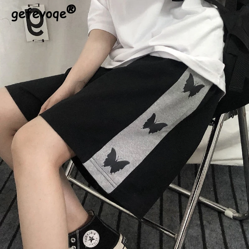 Women Casual Streetwear Harajuku Butterfly Print Patchwork Loose Straight Wide Leg Shorts 2023 Summer Sports Joggers Short Pants