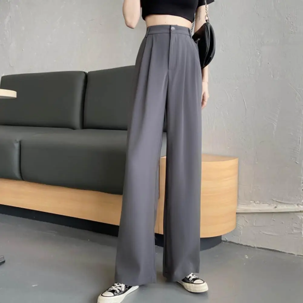 

Women Suit Pants Solid Color Elastic High Waist Straight Wide Leg Floor Mopping Pants Slant Pockets Loose Office Trousers
