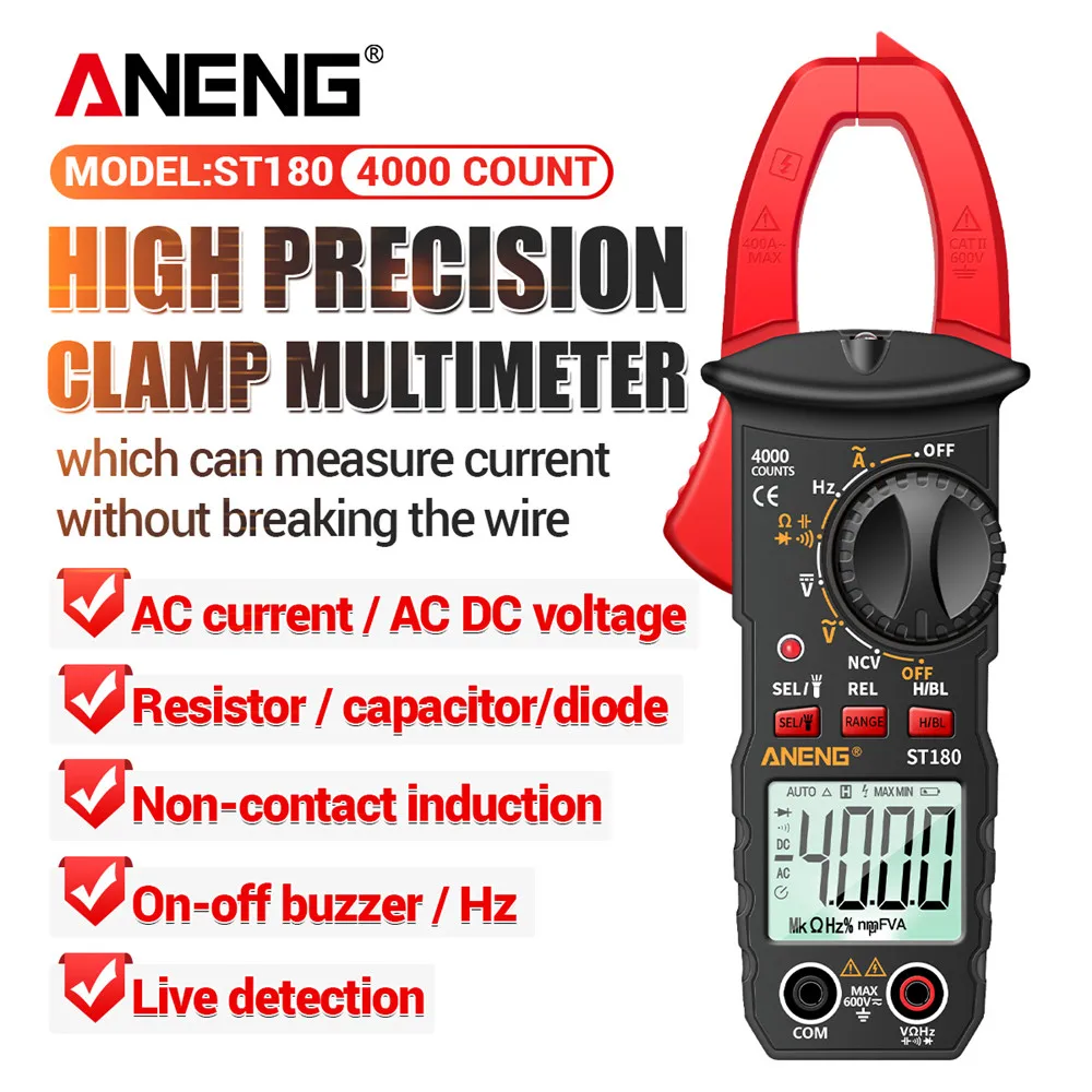 ANENG ST180 클램프 타입 계량기, AC/DC 전압 캐패시터 테스트 클램..